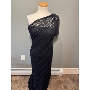 90's Vintage Cachet Black One Shoulder Lace Ruffle Formal Gown Dress Size 12